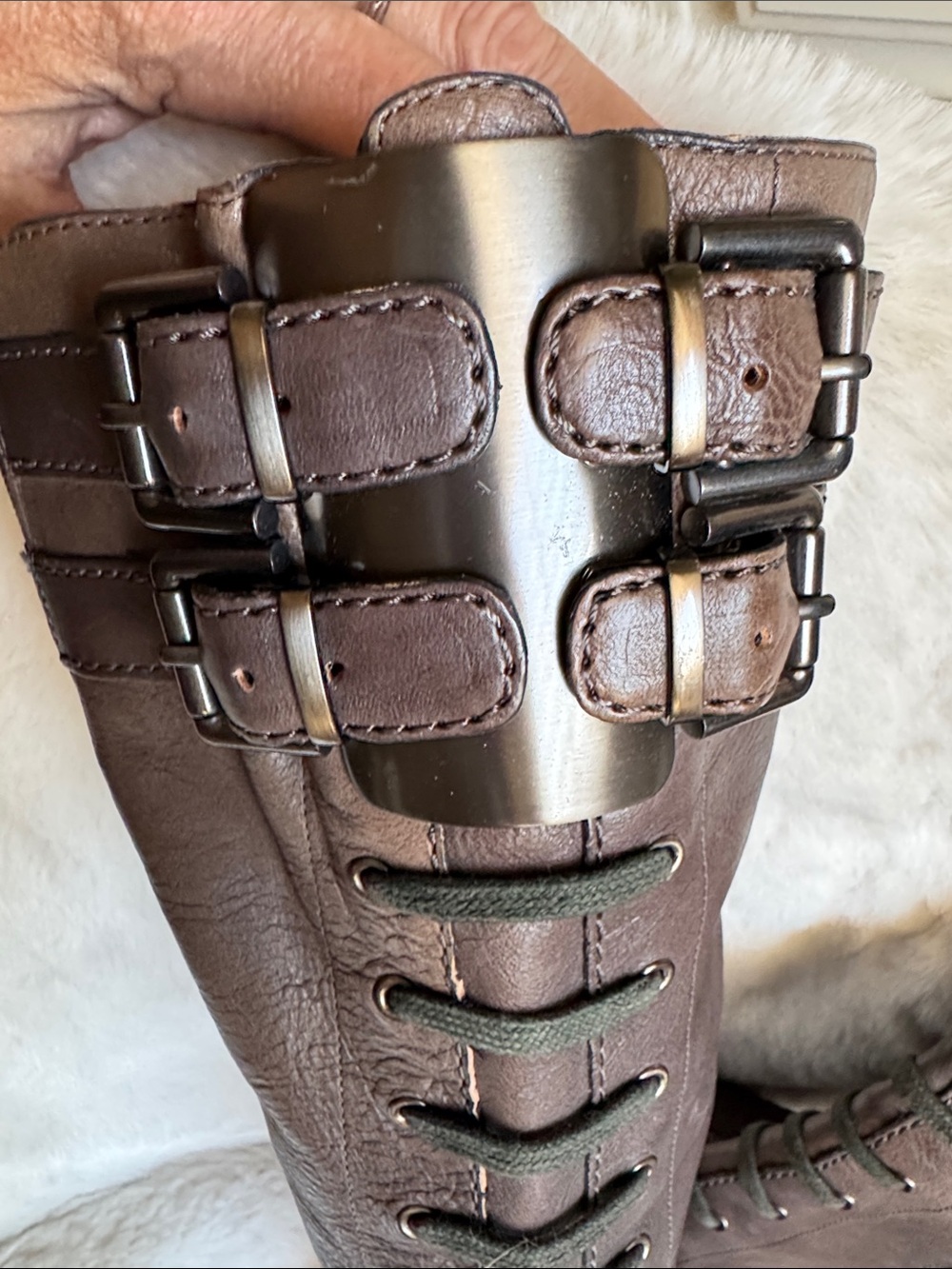 Via Spiga full Leather Tall Lace-Front Buckle Boots in Brown Taupe - Picture 12 of 15